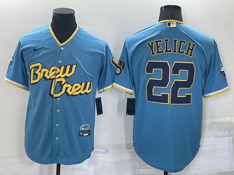 Men Milwaukee Brewers #22 Yelich Blue City Edition Game Nike 2022 MLB Jersey